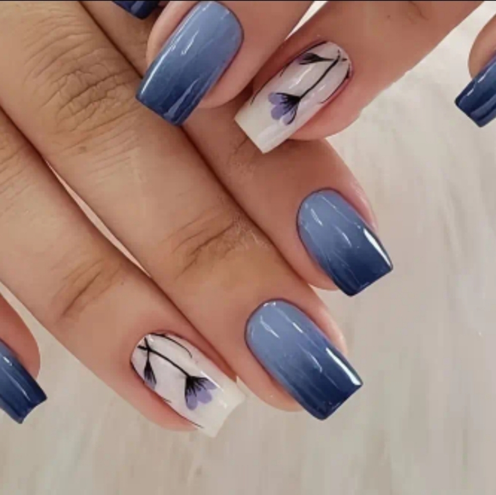 🔥3/$21 Blue Ombre Nail Art with Floral Design Press On Nails
